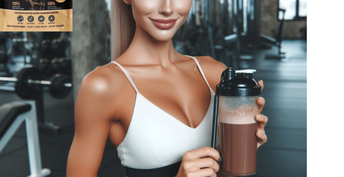 AI girl holding LiveGood whey protein isolate
