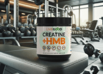 LiveGood Creatine plus HMB on a bench in a gym setting