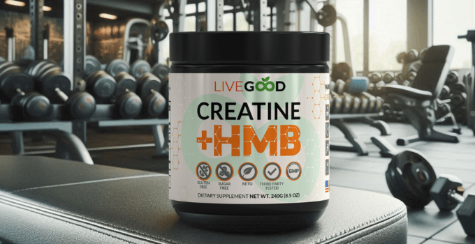 LiveGood Creatine plus HMB on a bench in a gym setting