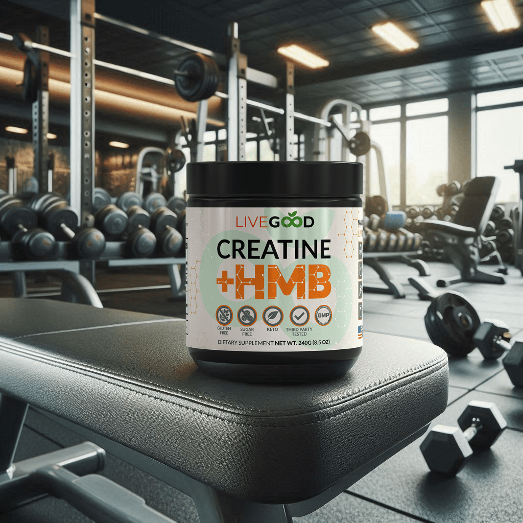 A tub of LiveGood Creatine plus HMB on a workout bench in the middle of a gym. 