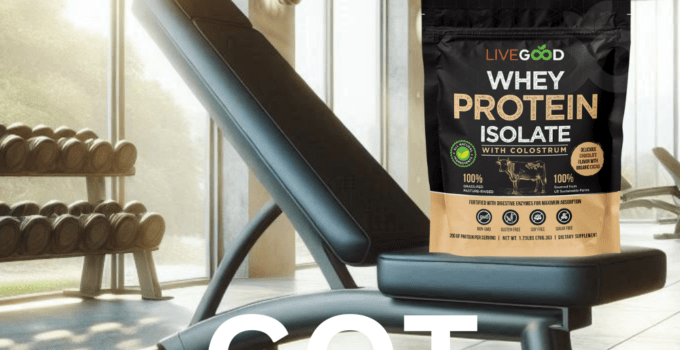 a bag LiveGood Whey Protein Isolate on a weight bench